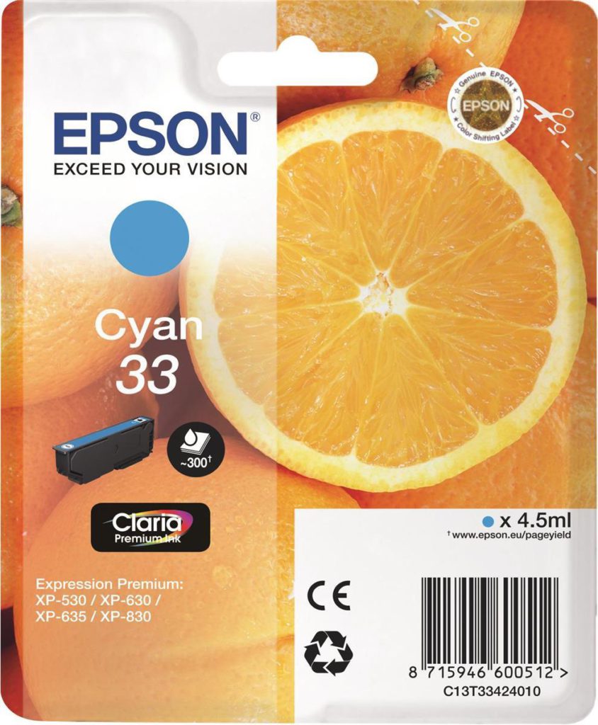 Original Epson 33 Cyan Ink Cartridge (C13T33424010) - Ecomelani