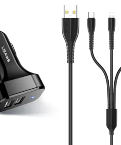 USAMS Car Charger C13, 3 in 1 cable, 2x USB, 2.1A, black